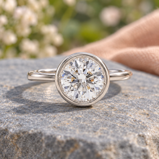 Round lab grown diamond bezel solitaire ring in white metal