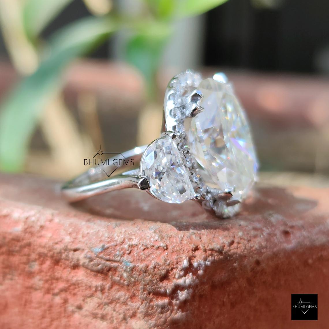 13TCW Oval & Half Moon Cut Moissanite Halo Wedding Ring - view 3