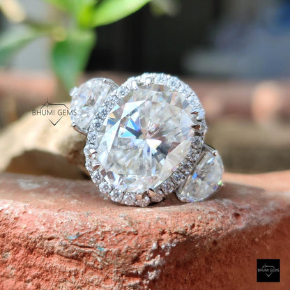 13TCW Oval & Half Moon Cut Moissanite Halo Wedding Ring - view 2