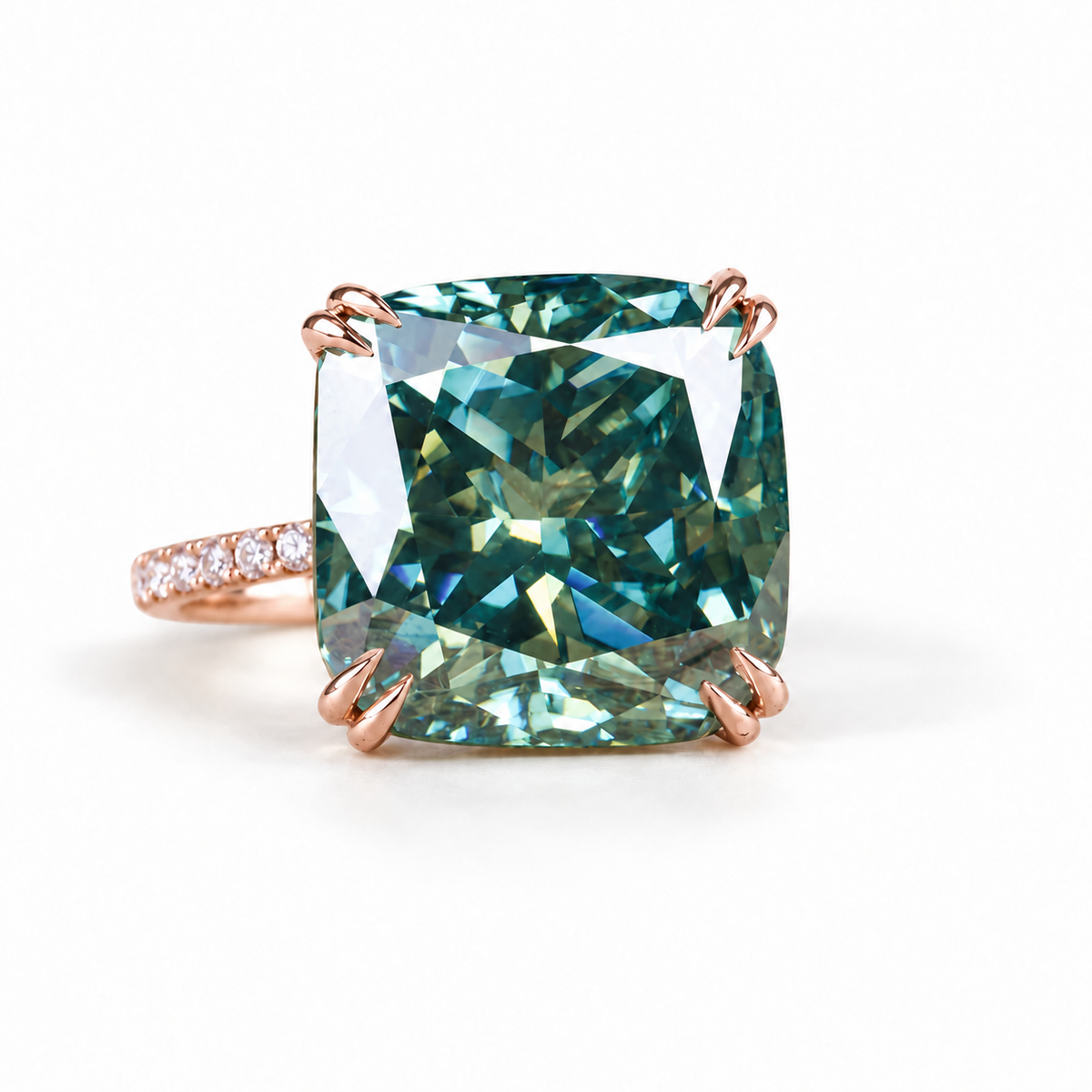 15 CT greenish blue cushion moissanite engagement ring in rose gold
