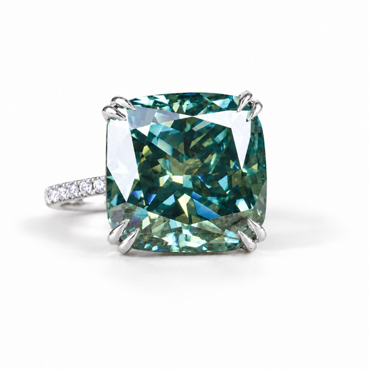 15 CT greenish blue cushion moissanite engagement ring in white gold