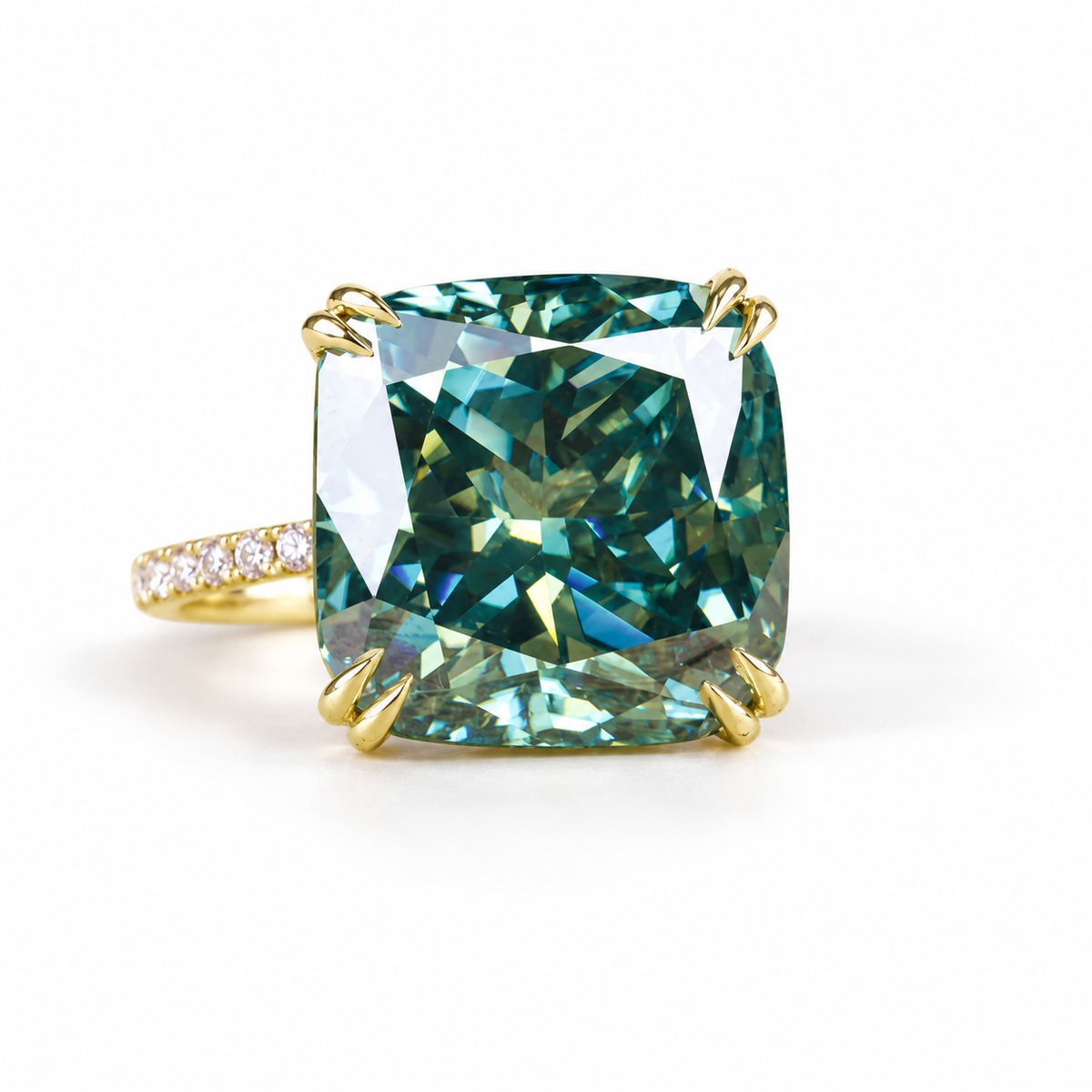 15 CT greenish blue cushion moissanite engagement ring in yellow gold