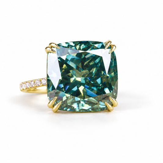 15 CT greenish blue cushion moissanite engagement ring in yellow gold