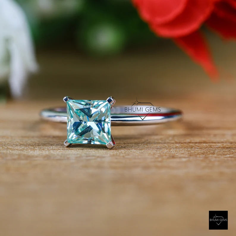 2CT Blue Princess Moissanite Engagement Ring