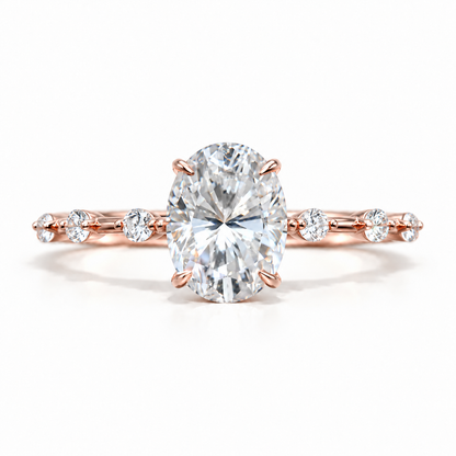 2 CT Oval Cut Colorless Moissanite Engagement Ring - Bezel Station Band - Rose gold - front view