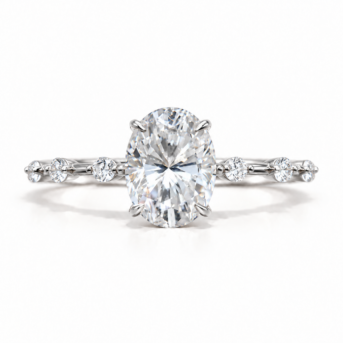 2 CT Oval Cut Colorless Moissanite Engagement Ring - Bezel Station Band - White gold - front view