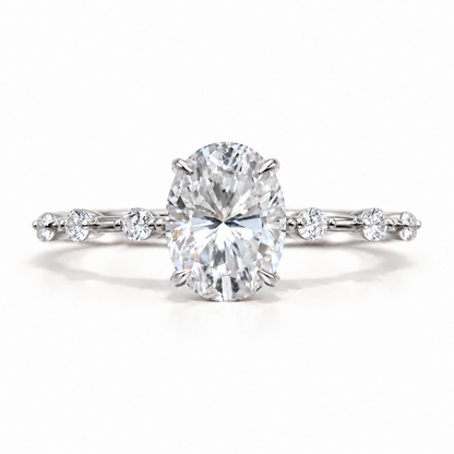 2 CT Oval Cut Colorless Moissanite Engagement Ring - Bezel Station Band - White gold - front view