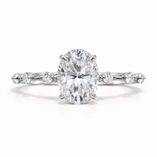 2 CT Oval Cut Colorless Moissanite Engagement Ring - Bezel Station Band - White gold - front view