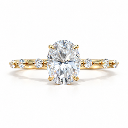 2 CT Oval Cut Colorless Moissanite Engagement Ring - Bezel Station Band - Yellow gold - front view