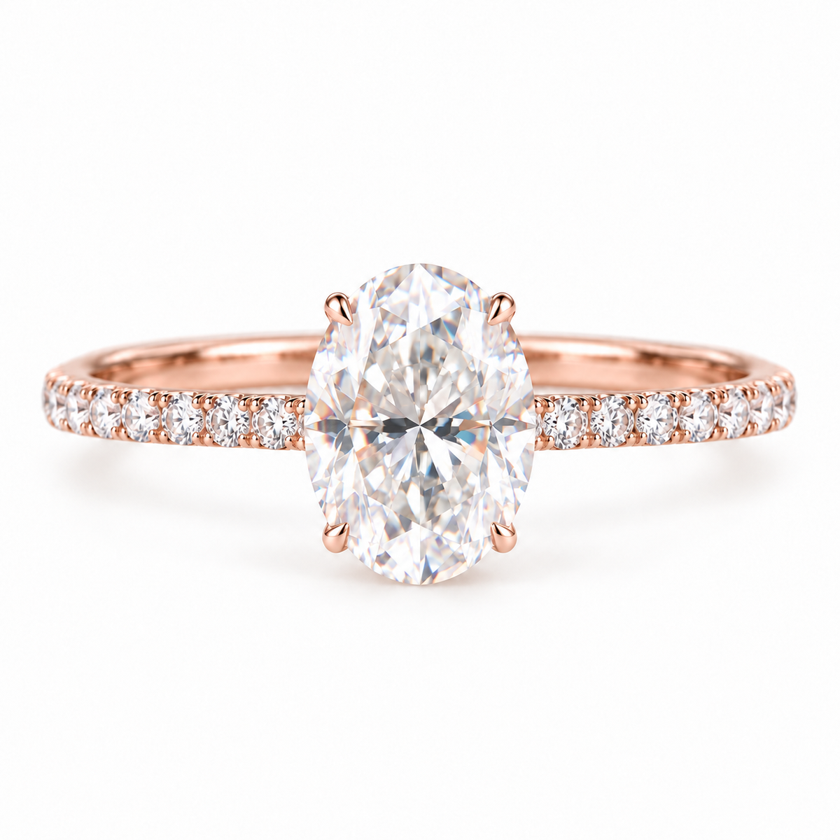 2 CT Oval Moissanite Engagement Ring - Pave Band - Rose gold - front view