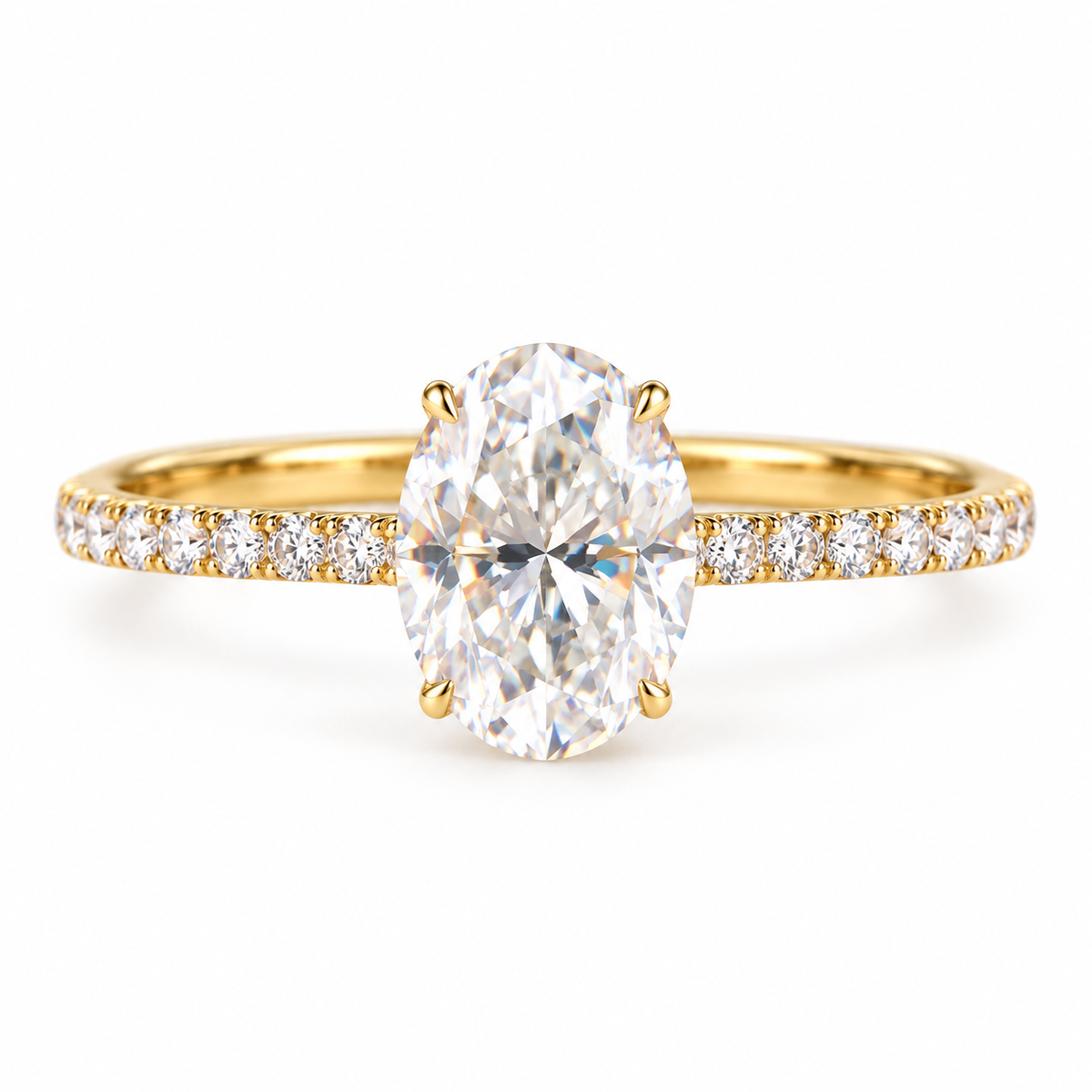 2 CT Oval Moissanite Engagement Ring - Pave Band - Yellow gold - front view
