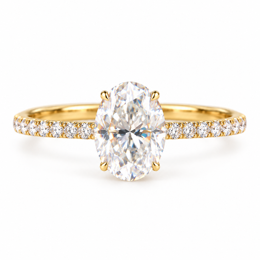 2 CT Oval Moissanite Engagement Ring - Pave Band - Yellow gold - front view