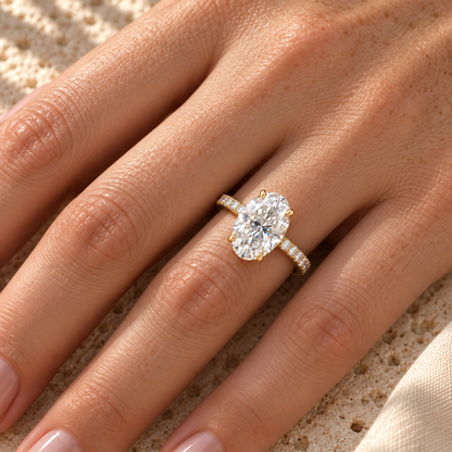 2 CT Oval Moissanite Engagement Ring - Pave Band - Yellow gold - worn on the hand