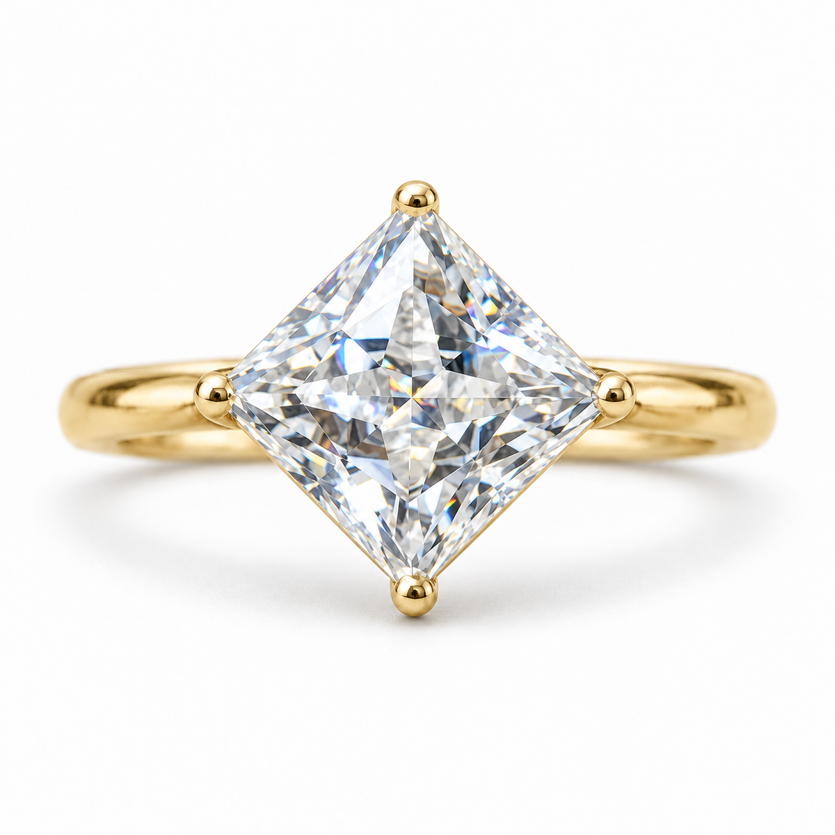 2 CT Princess Solitaire Moissanite Ring - Kite Set - Yellow gold - front view