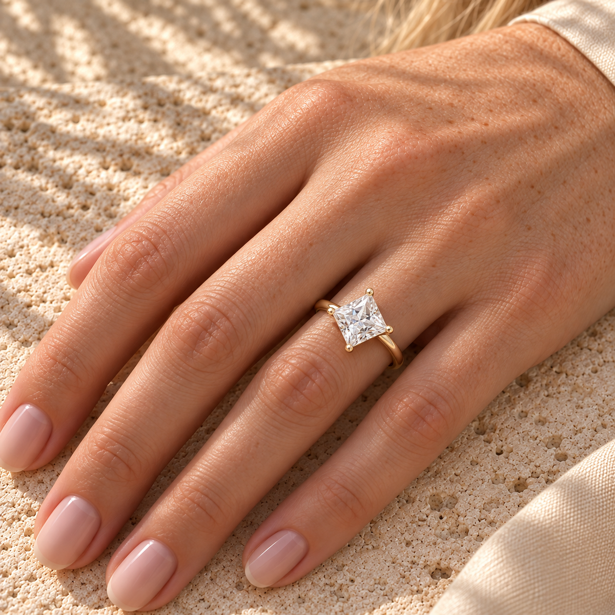 2 CT Princess Solitaire Moissanite Ring - Kite Set - Yellow gold - worn on the hand
