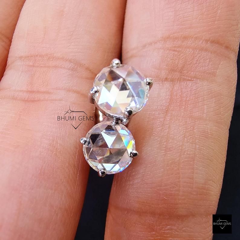 2 TW Round Rose Cut Colorless Moissanite Earrings - view 6