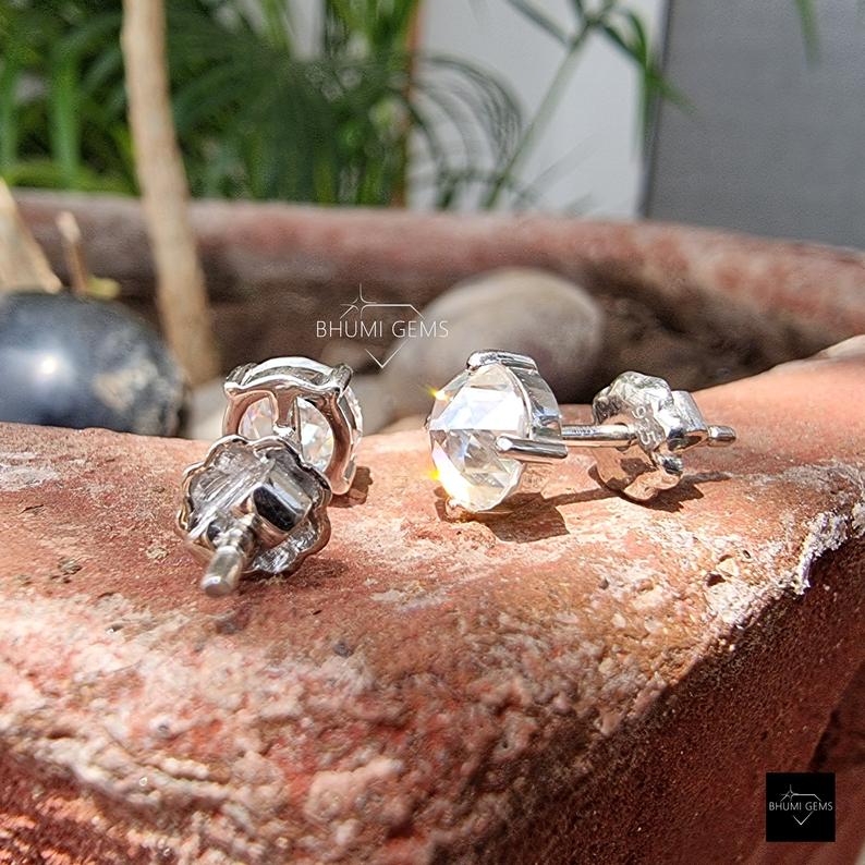2 TW Round Rose Cut Colorless Moissanite Earrings - view 4