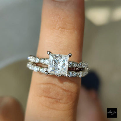 2.98TCW Princess Cut Moissanite Bridal Ring Set, Engagement Ring Wedding Set Half Eternity Band Anniversary Promise Vintage Antique Gift Her