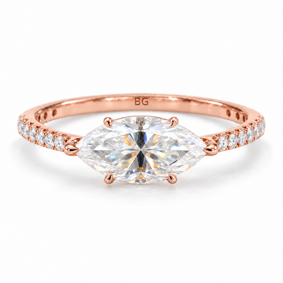 2.04 TCW east-west marquise moissanite claw prong ring with pave band in rose gold