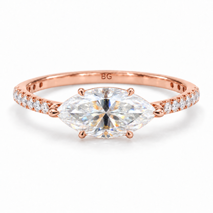 2.04 TCW east-west marquise moissanite claw prong ring with pave band in rose gold