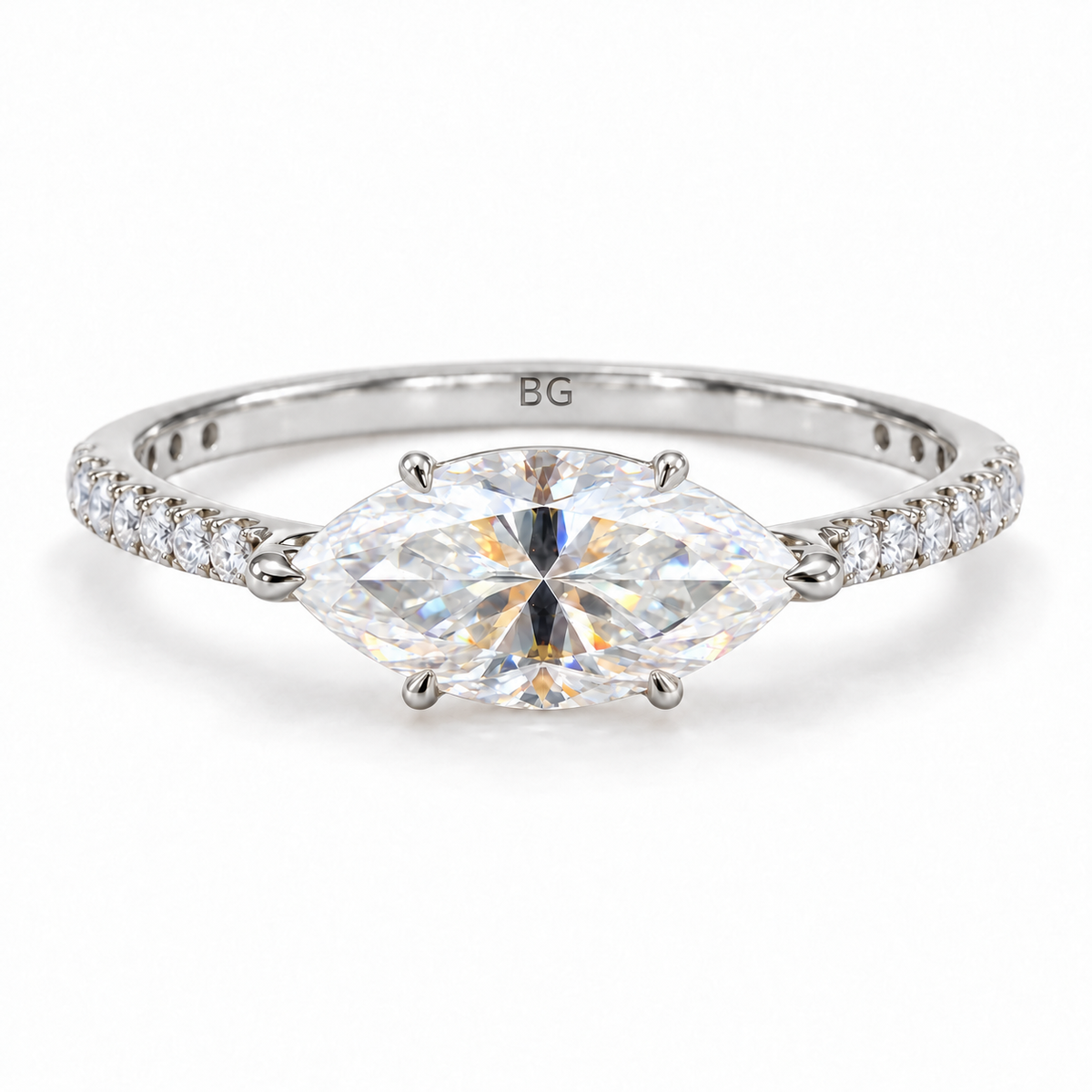 2.04 TCW east-west marquise moissanite claw prong ring with pave band in white gold