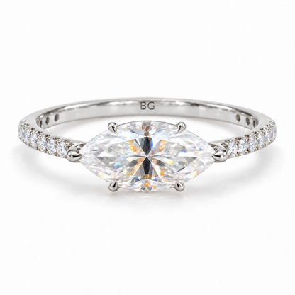 2.04 TCW east-west marquise moissanite claw prong ring with pave band in white gold