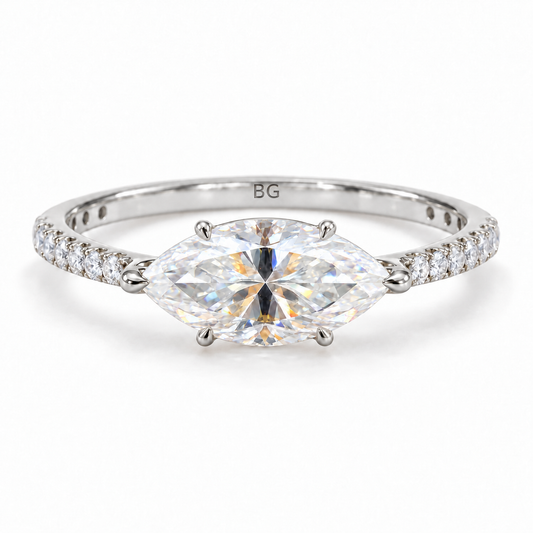 2.04 TCW east-west marquise moissanite claw prong ring with pave band in white gold