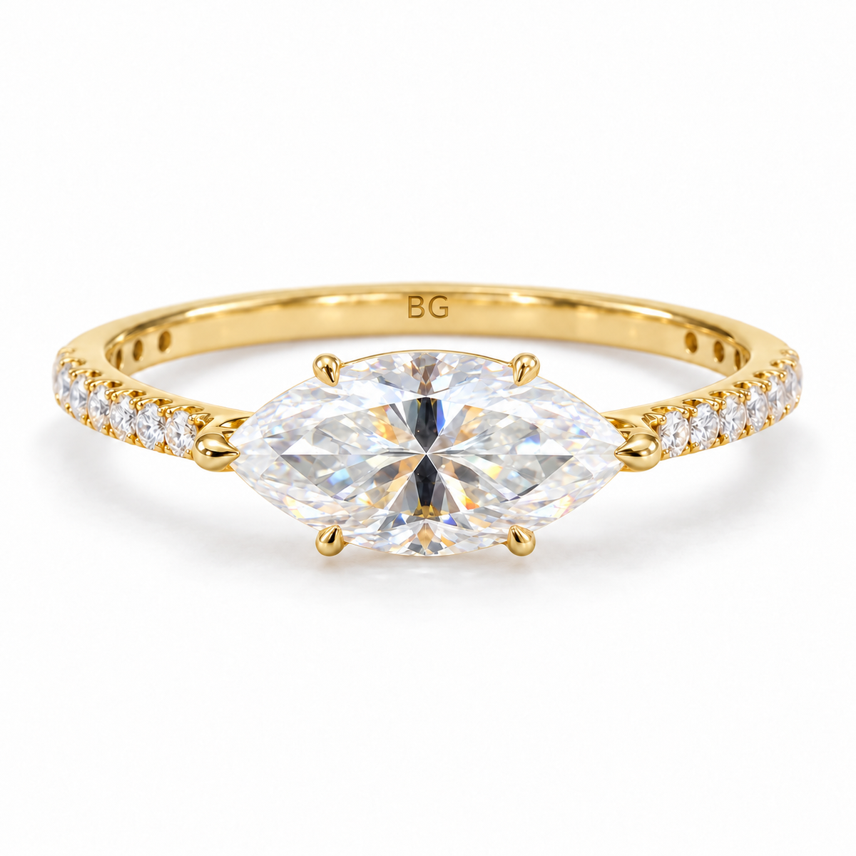 2.04 TCW east-west marquise moissanite claw prong ring with pave band in yellow gold
