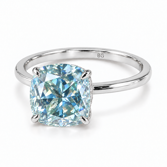 2.68 TCW cushion cut blue moissanite hidden halo engagement ring in white gold