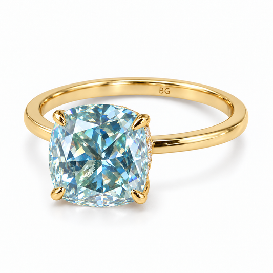2.68 TCW cushion cut blue moissanite hidden halo engagement ring in yellow gold