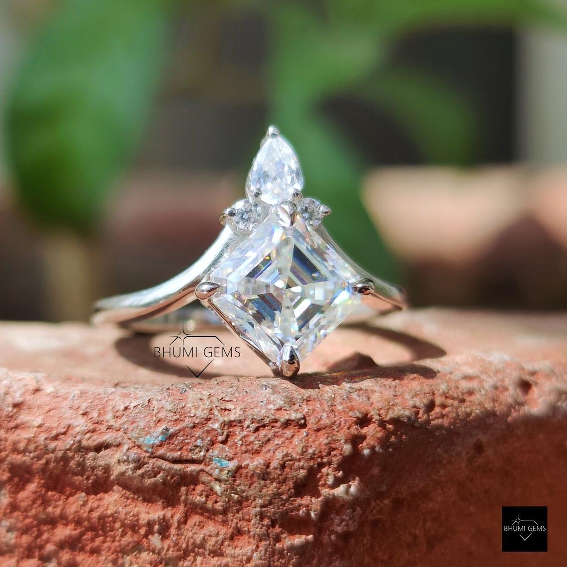2CT Asscher Cut Moissanite Engagement Ring