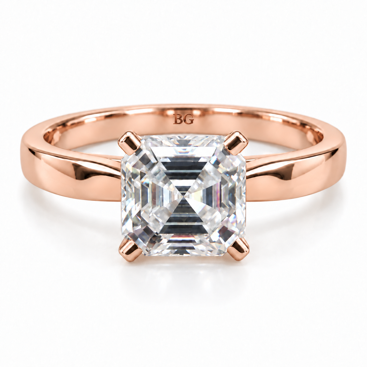 2 CT Asscher cut moissanite solitaire ring with plain band in rose gold