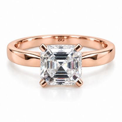 2 CT Asscher cut moissanite solitaire ring with plain band in rose gold