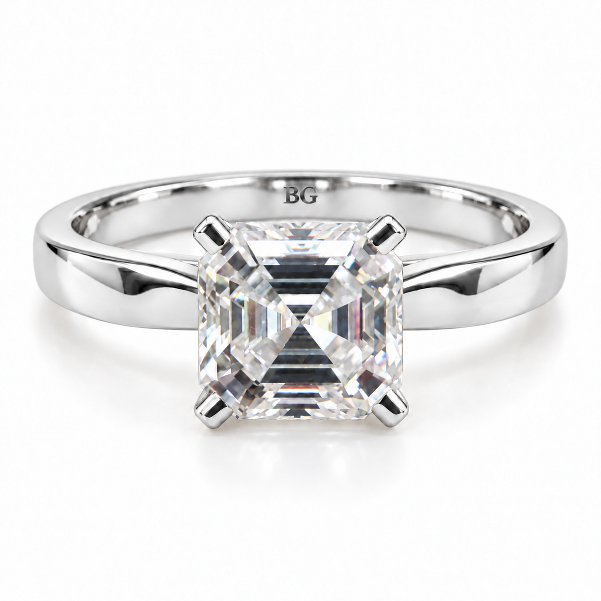 2 CT Asscher cut moissanite solitaire ring with plain band in white gold