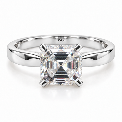 2 CT Asscher cut moissanite solitaire ring with plain band in white gold