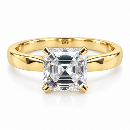 2 CT Asscher cut moissanite solitaire ring with plain band in yellow gold