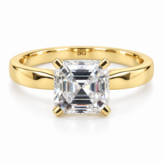 2 CT Asscher cut moissanite solitaire ring with plain band in yellow gold