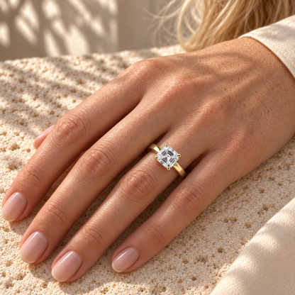 2 CT Asscher cut moissanite solitaire ring worn on the hand