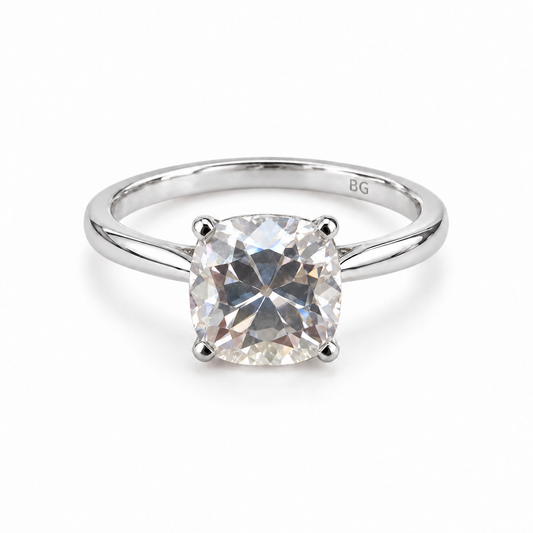 2 CT cushion old mine cut moissanite solitaire engagement ring in white gold