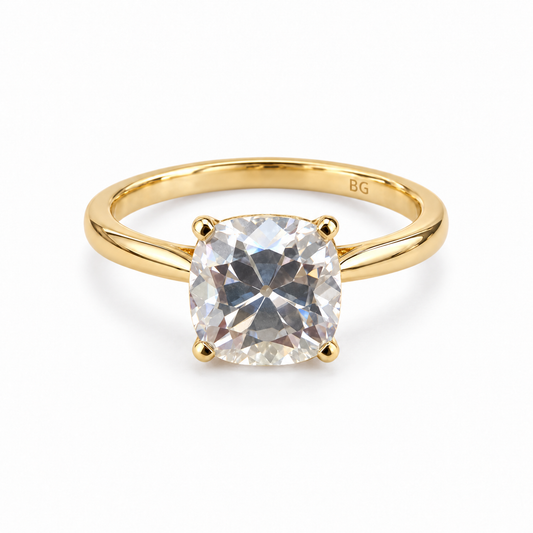 2 CT cushion old mine cut moissanite solitaire engagement ring in yellow gold
