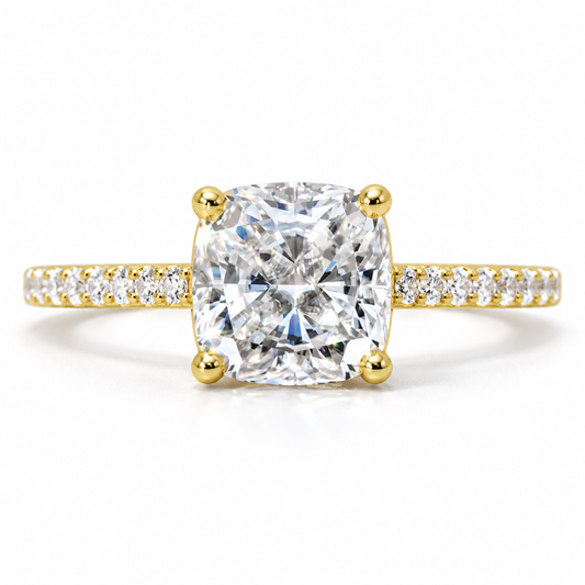 2 CT cushion moissanite solitaire engagement ring with pave band in yellow gold