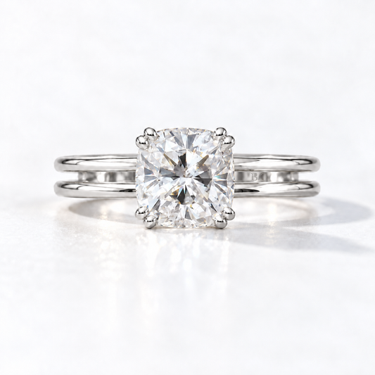 2 CT cushion moissanite split shank engagement ring in white gold