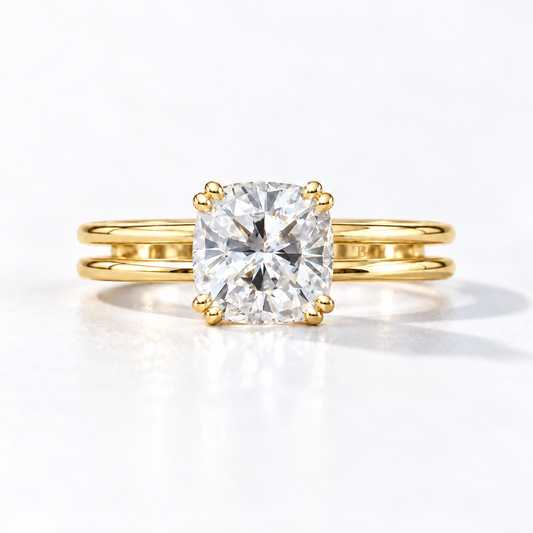 2 CT cushion moissanite split shank engagement ring in yellow gold