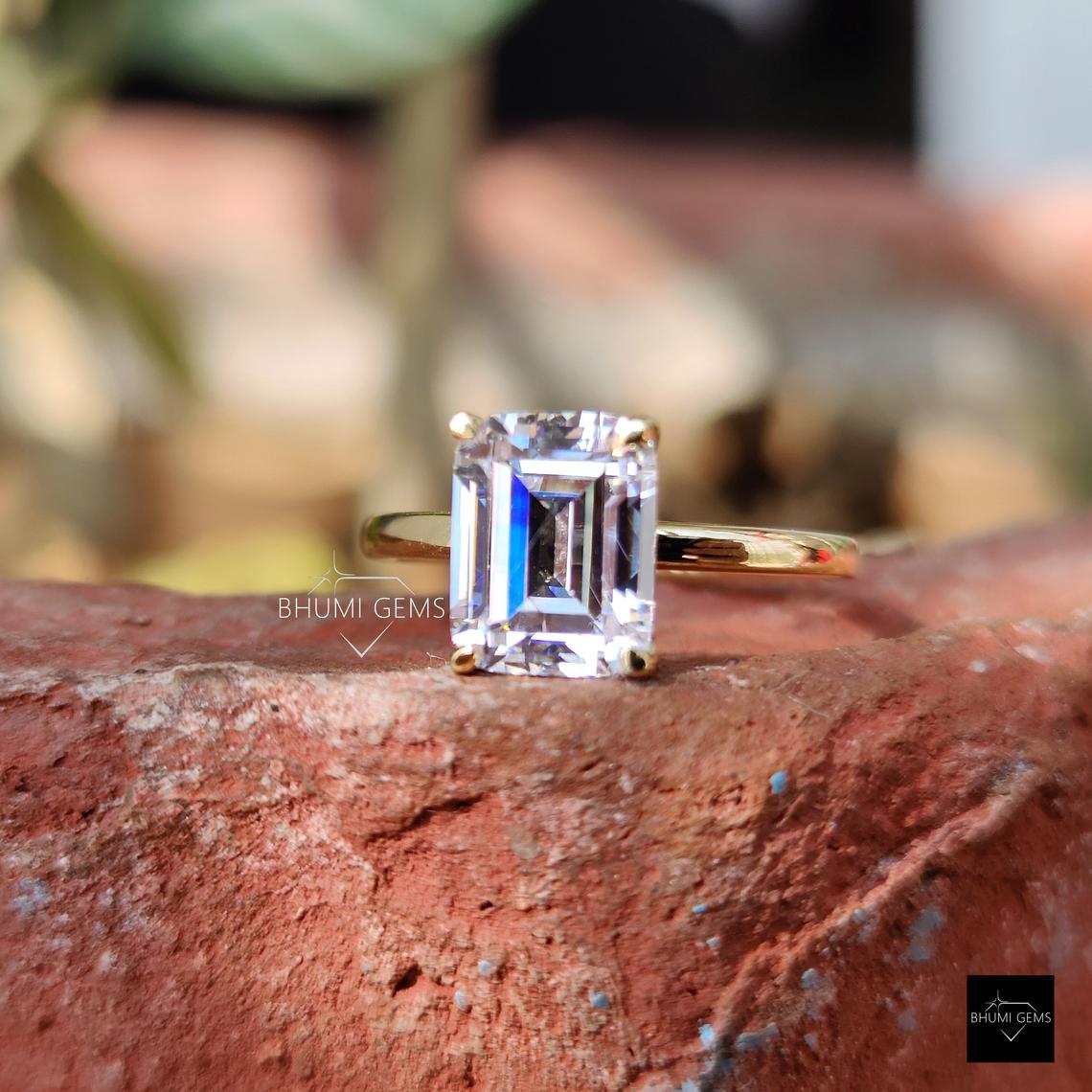 Emerald Cut Colorless Ring | Moissanite Ring | Bhumi Gems