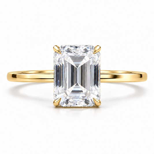 2 CT emerald cut moissanite engagement ring with plain band in yellow gold