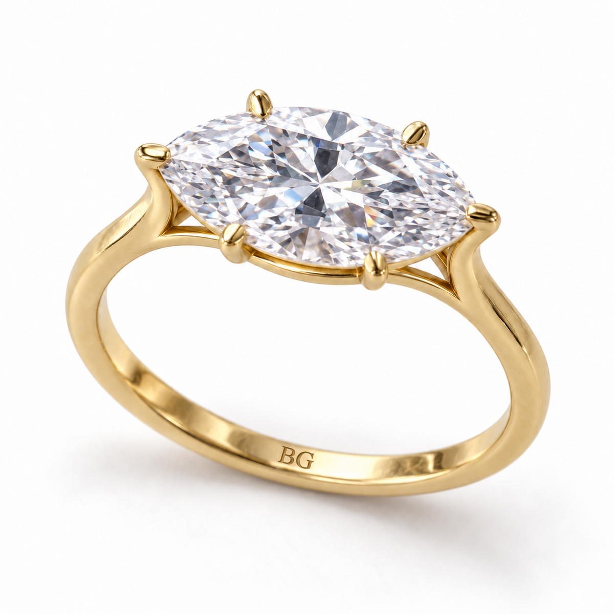 2 CT east-west marquise moissanite six prong solitaire engagement ring in yellow gold