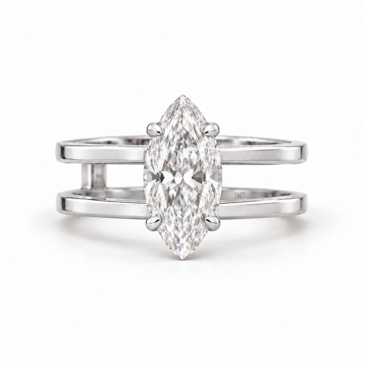 2 CT marquise moissanite split shank engagement ring in white gold