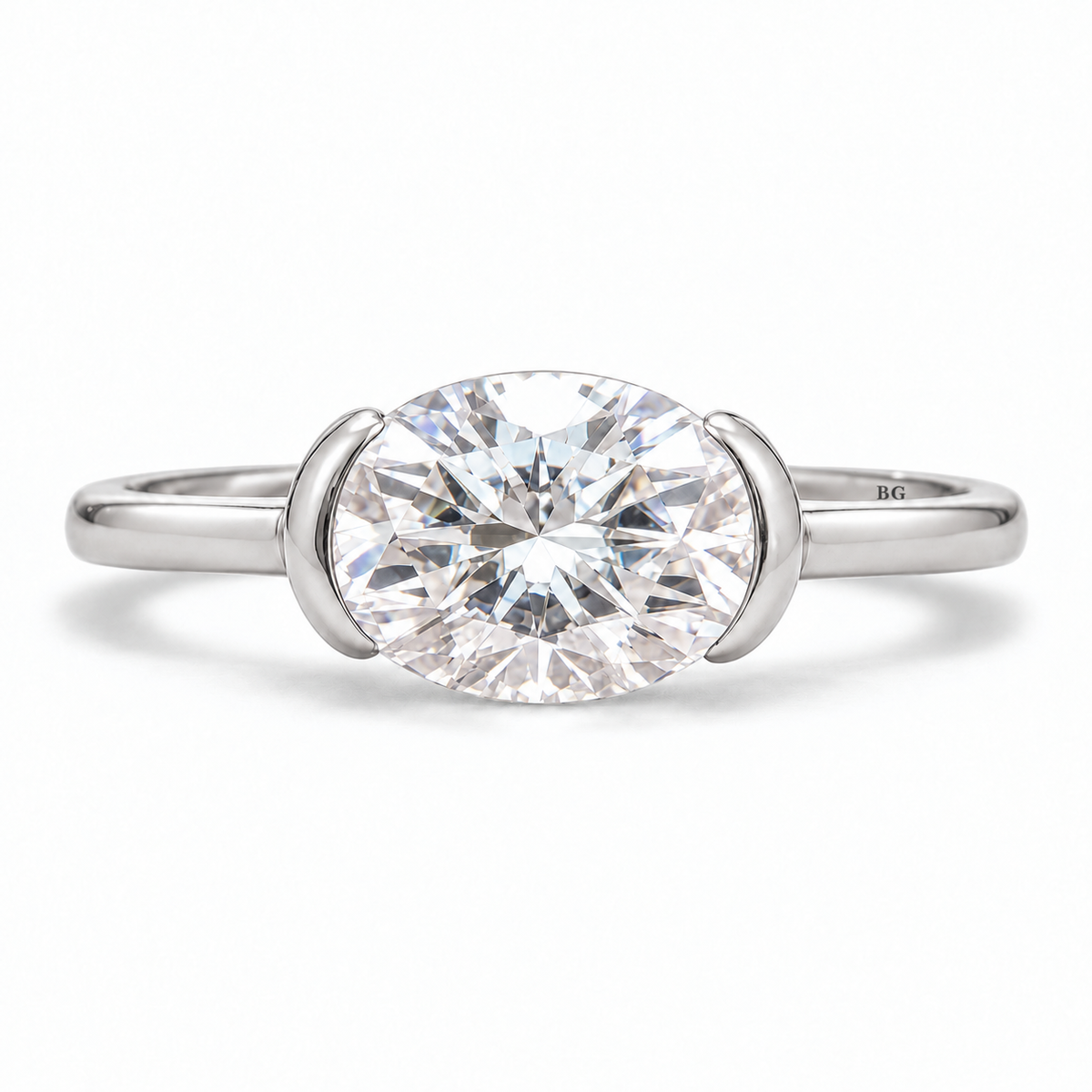 Half Bezel Oval Moissanite Engagement Ring