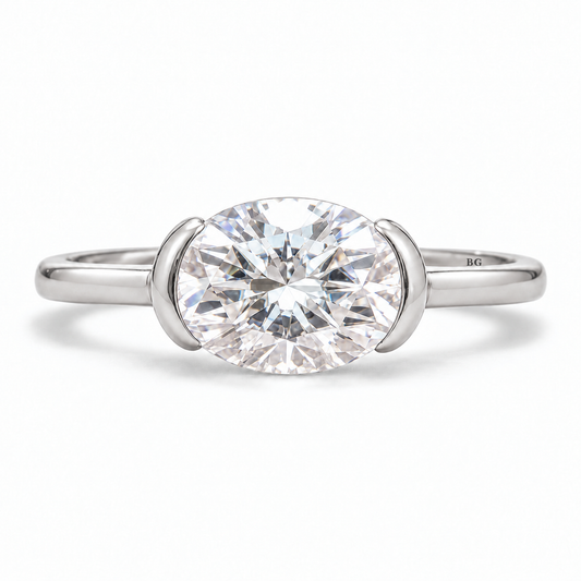 2 CT east-west oval moissanite half bezel engagement ring in white gold