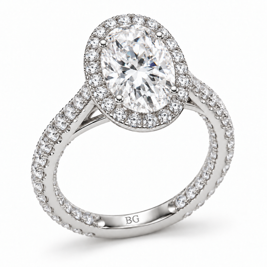 2 CT oval moissanite halo engagement ring with pave band in white gold